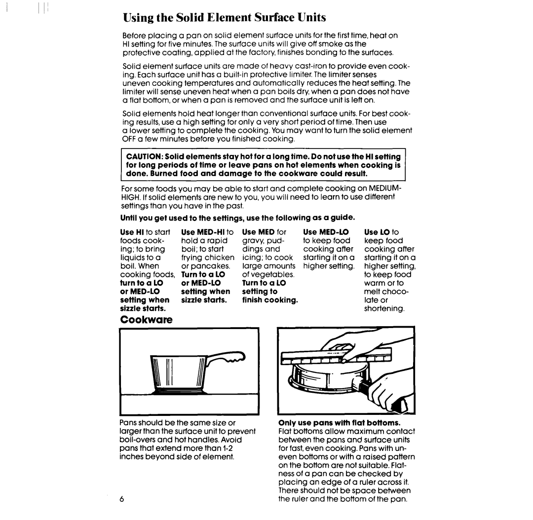 Whirlpool RC8430XT, RC8436XT manual Using the Solid Element Surface Units, Cookware 