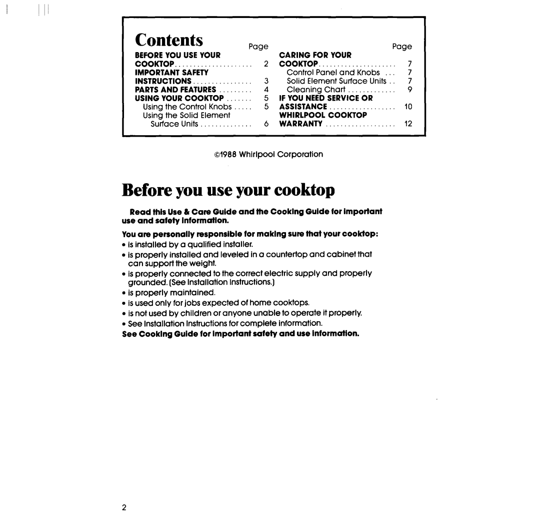 Whirlpool RC8430XT, RC8436XT manual Contents, Before you use your cooktop 