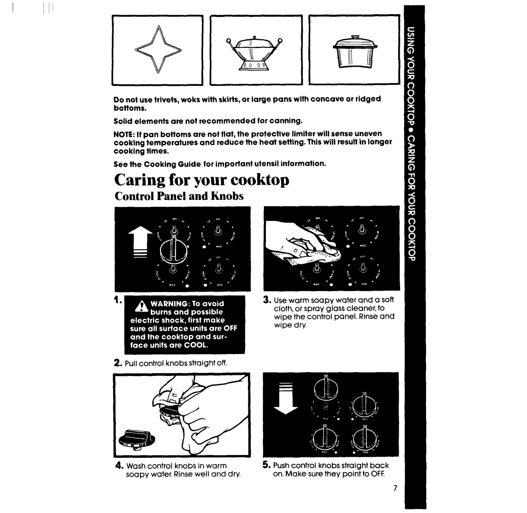 Whirlpool RC8436XT, RC8430XT manual Caring for your cooktop, Control Panel and Knobs 