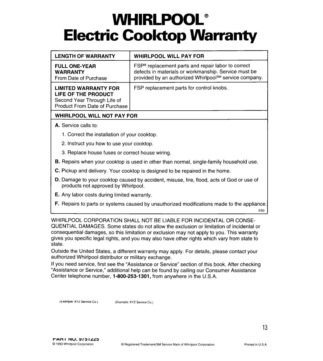 Whirlpool RC8436XA Electric Cooktop Warranty, Length of Warranty Full ONE-YEAR, Limited Warranty for Life of the Product 