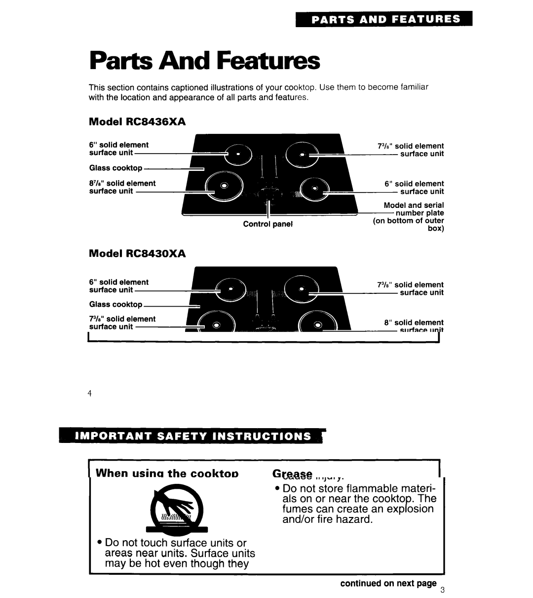 Whirlpool warranty Parts And Features, Model RC8436XA Model RC8430XA Control panel 