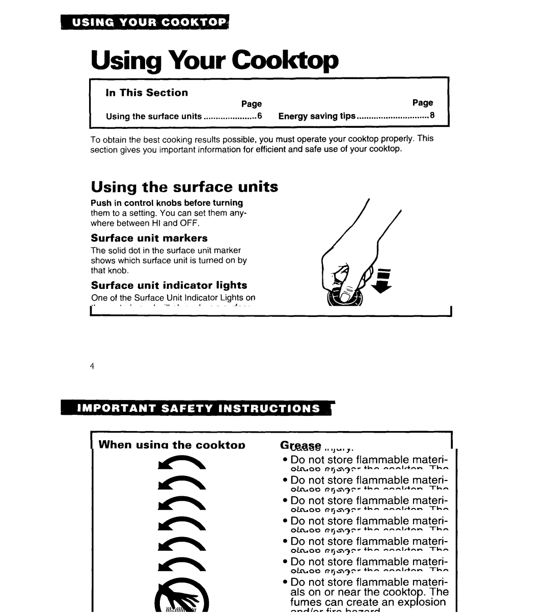 Whirlpool RC8436XA, RC8430XA warranty Using Your Cooktop, Using the surface units, Section This, Surface unit markers 