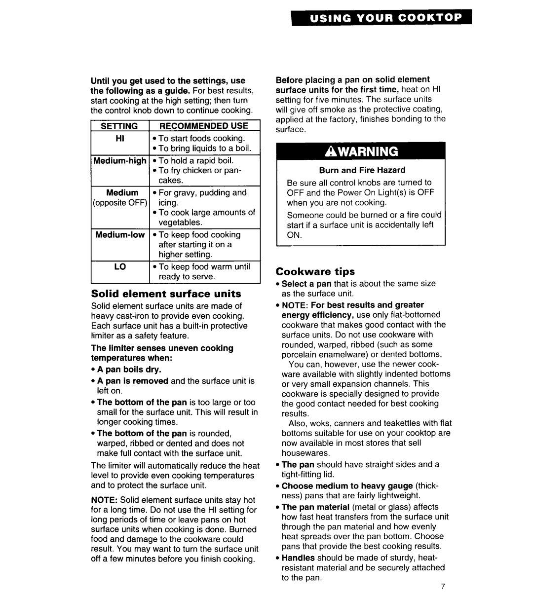 Whirlpool RC8430XA, RC8436XA warranty Solid element surface units, Cookware tips, Setting Recommended USE 
