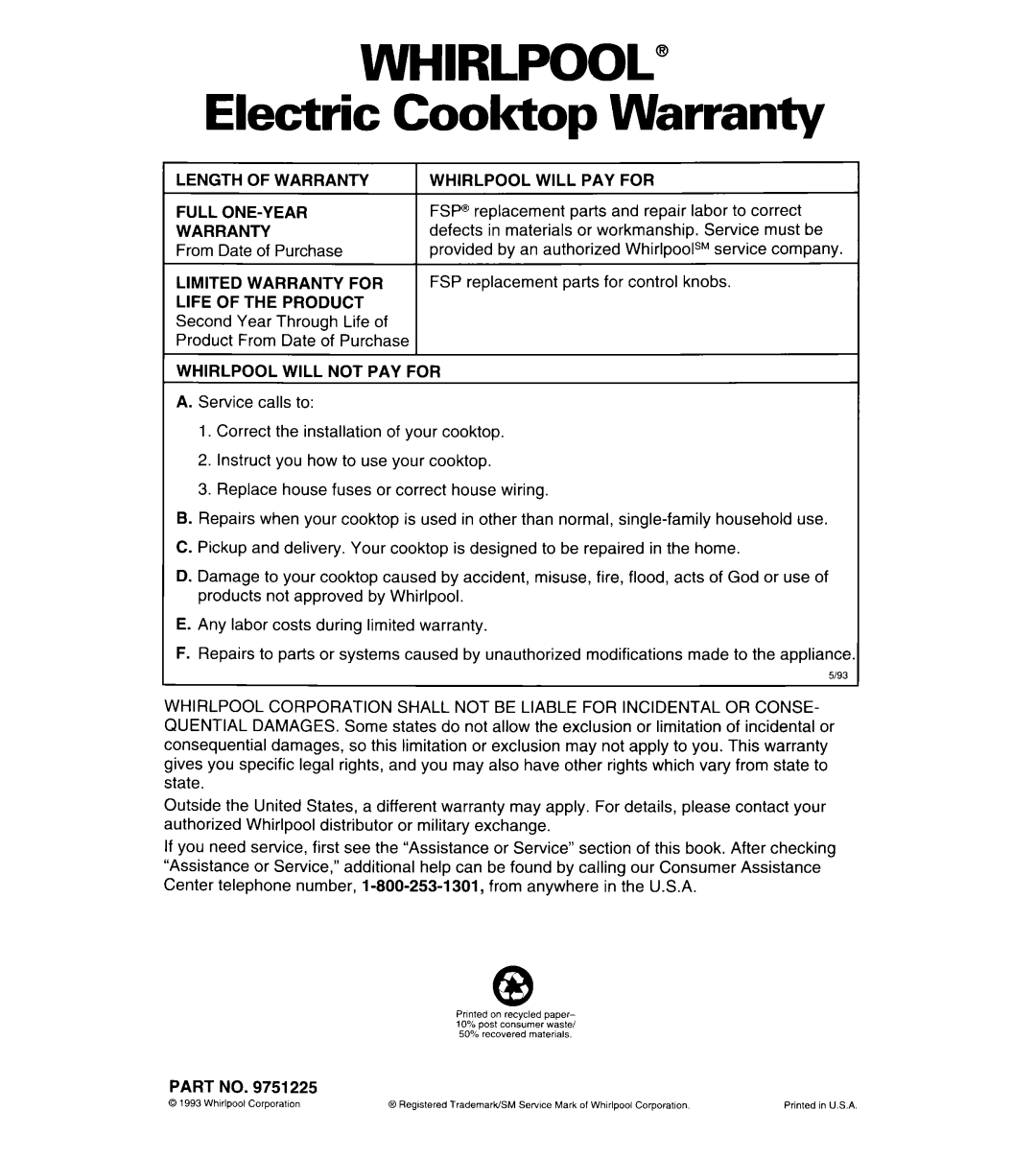 Whirlpool RC8436XA, RC8430XA warranty WHIRLPOOL” Electric Cooktop Warranty 