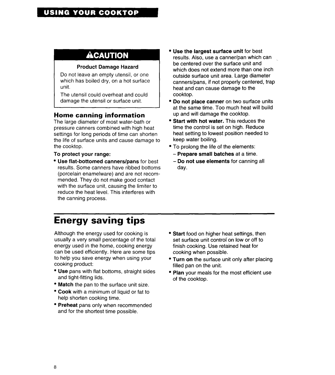 Whirlpool RC8436XA, RC8430XA warranty Energy saving tips, Home canning information 