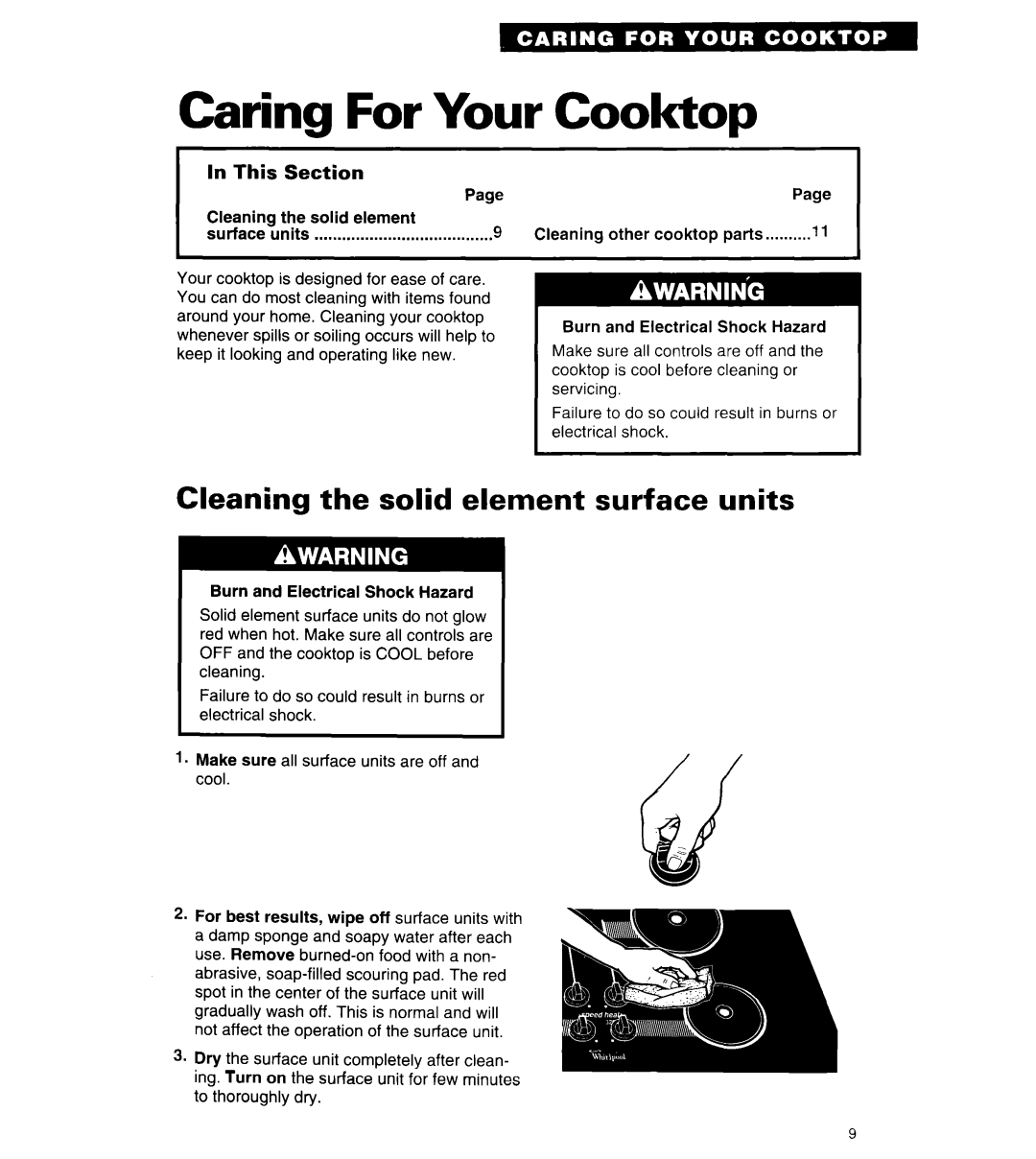 Whirlpool RC8430XA, RC8436XA warranty Caring For Your Cooktop, Cleaning the solid element, surface units, In This Section 