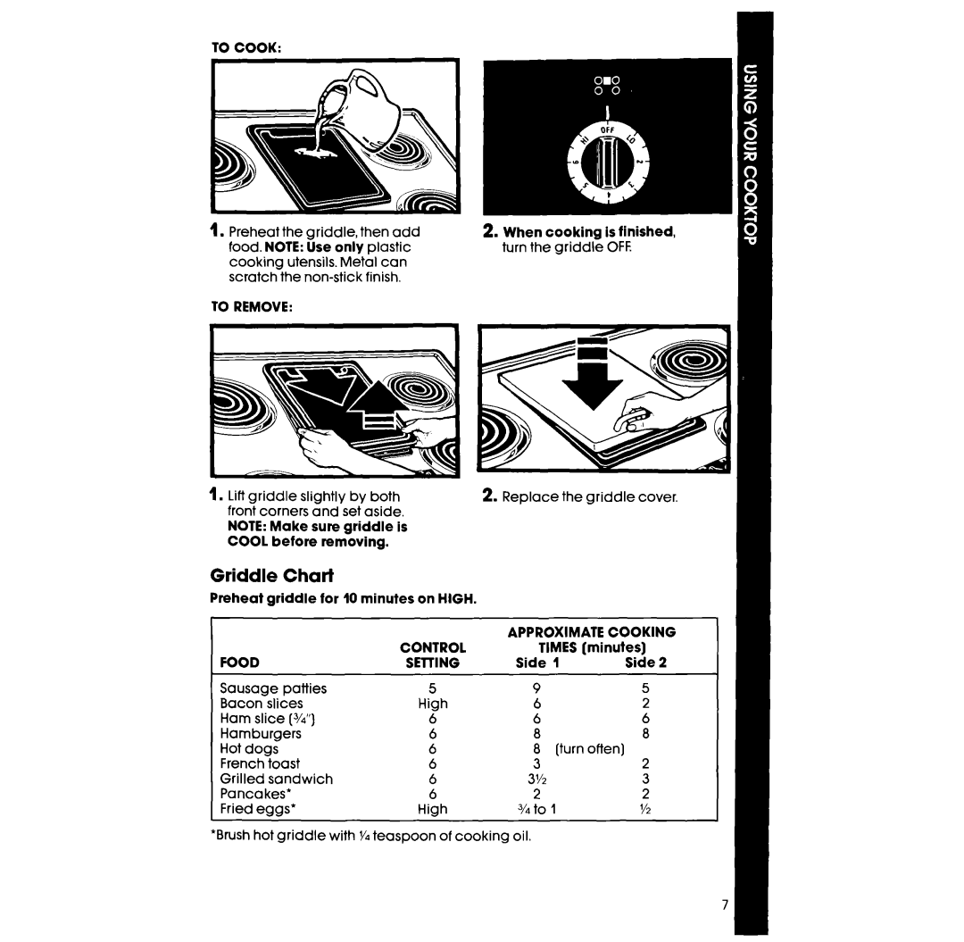 Whirlpool RC8536XT manual Griddle Chart, To Cook, To Remove, Control, Food 