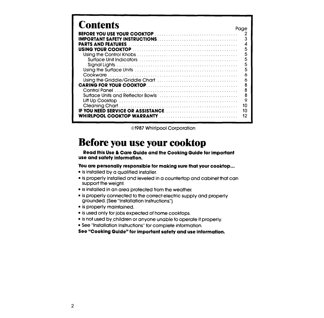 Whirlpool RC8536XT manual ~Contents, Before you use your cooktop 