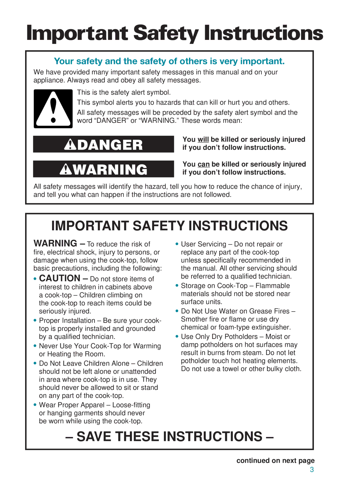 Whirlpool RC8600XB, GJ8646XD, GJ8640XB important safety instructions Important Safety Instructions, On next 