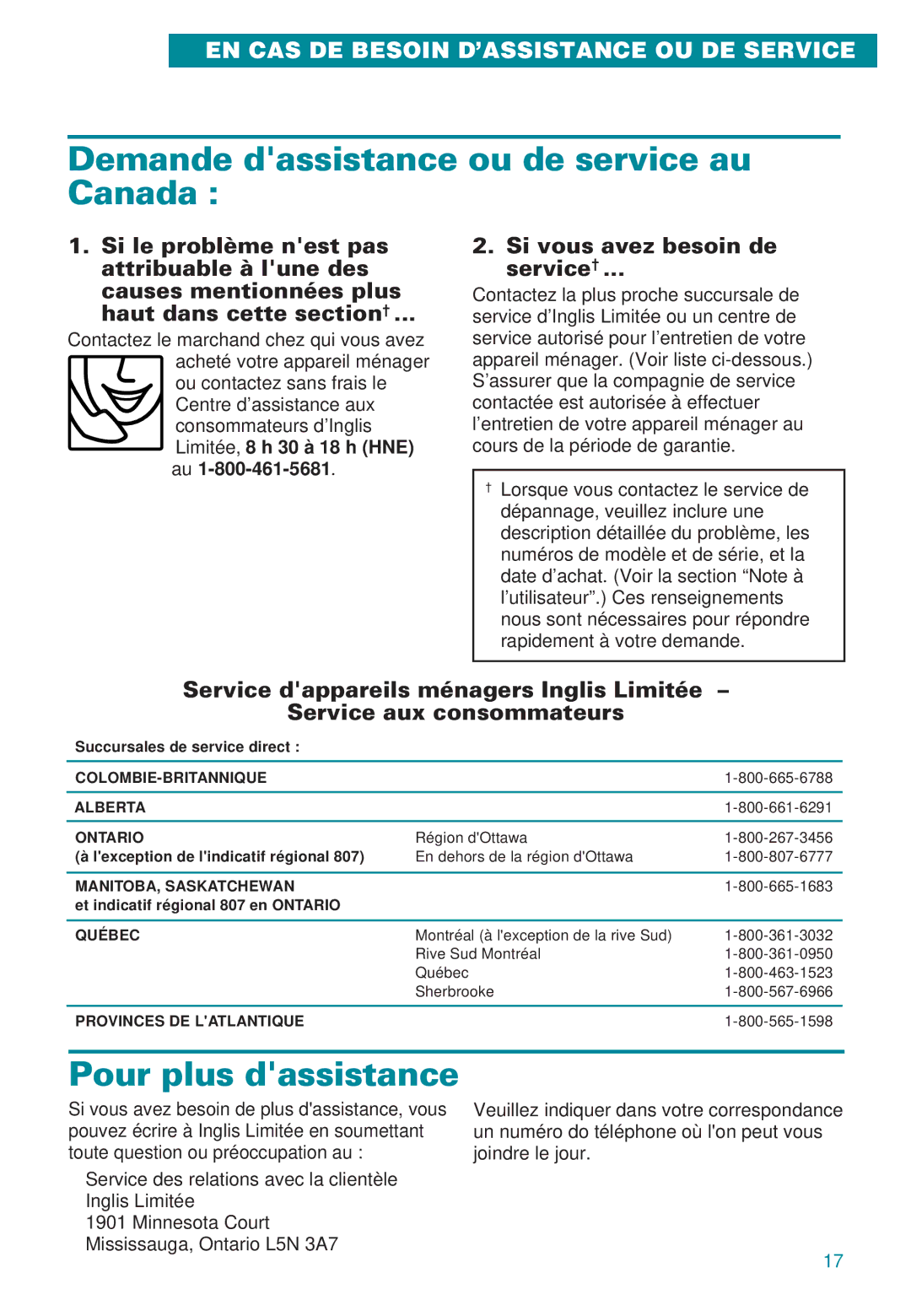 Whirlpool RC8600XB Demande dassistance ou de service au Canada, Pour plus dassistance, Si vous avez besoin de service† 