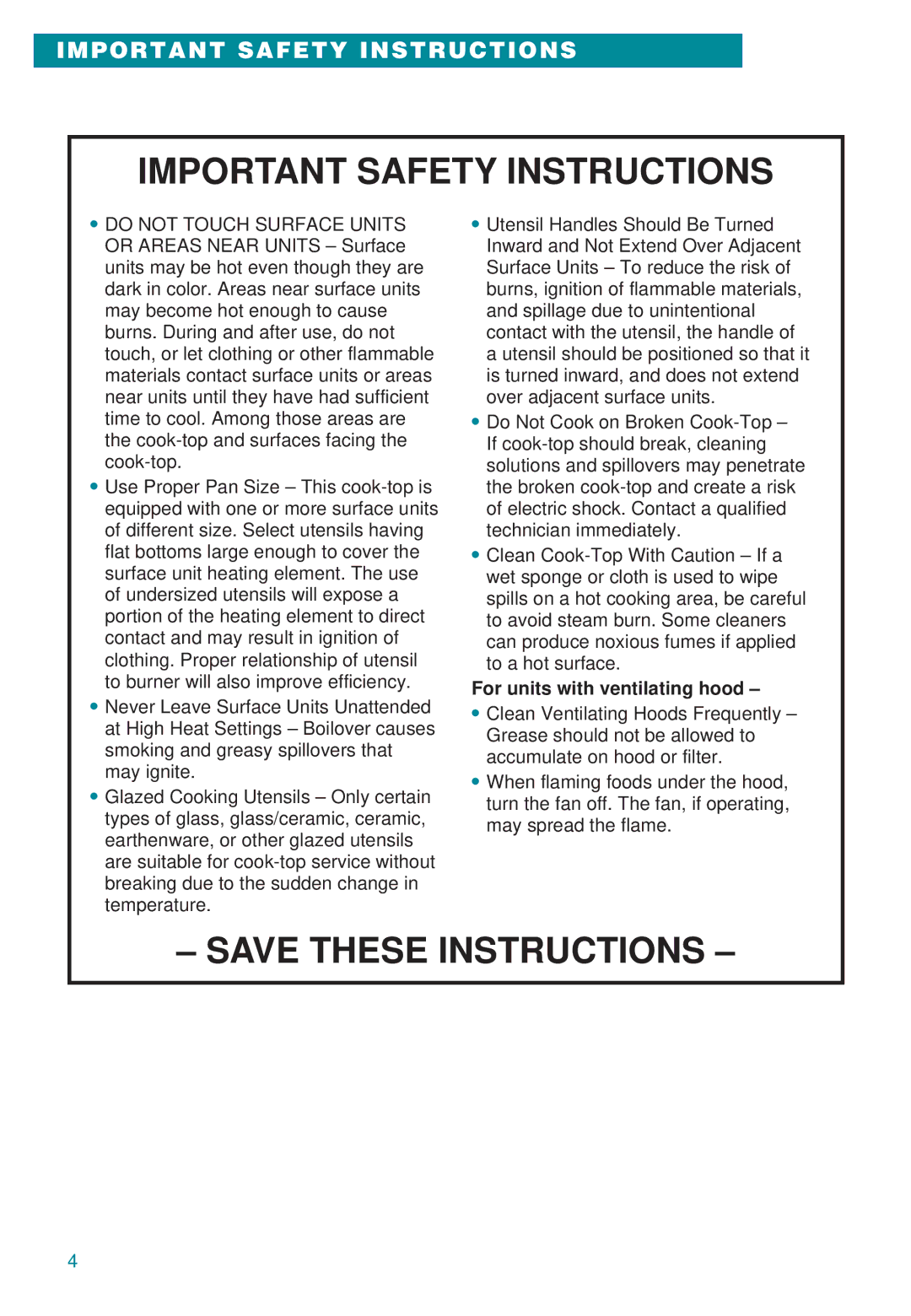 Whirlpool GJ8646XD, RC8600XB, GJ8640XB important safety instructions For units with ventilating hood 