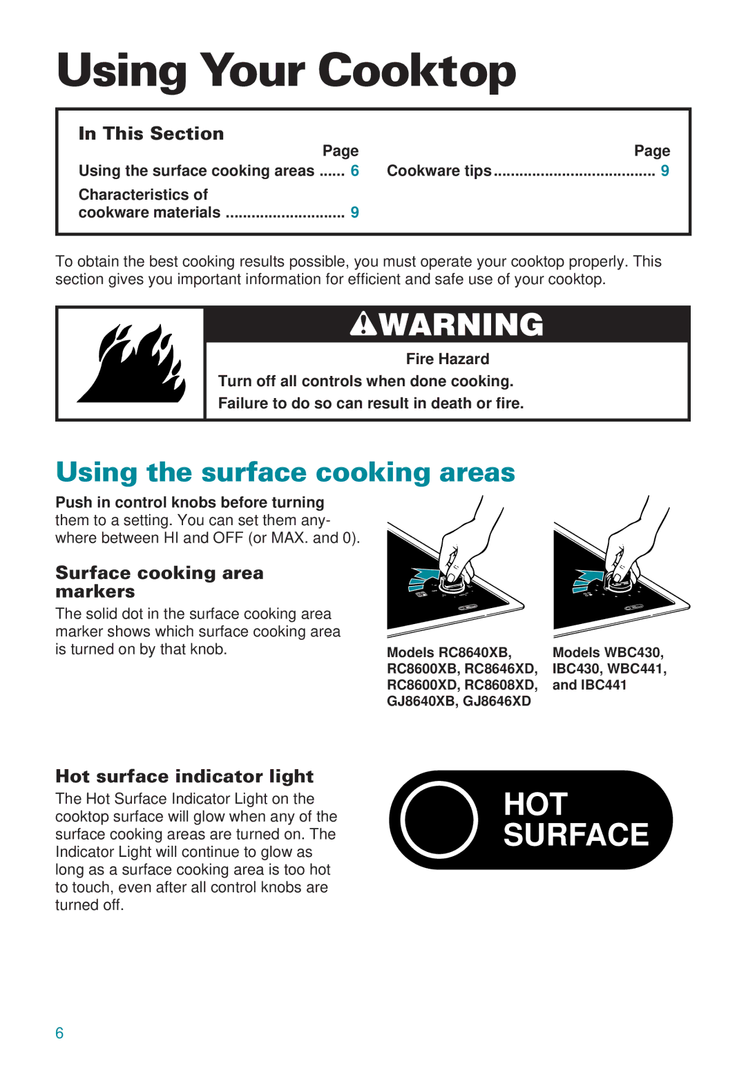 Whirlpool RC8600XB Using Your Cooktop, Using the surface cooking areas, This Section, Surface cooking area markers 