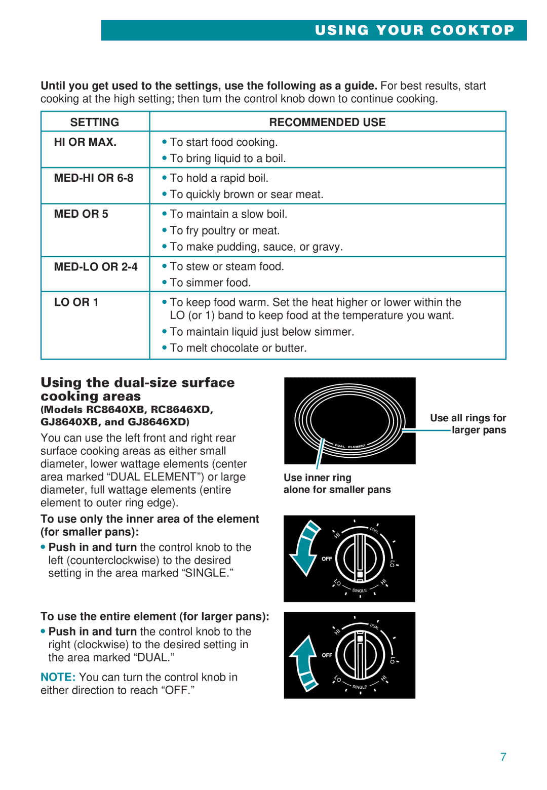Whirlpool GJ8646XD, RC8600XB Using the dual-size surface cooking areas, Setting Recommended USE HI or MAX, MED or, LO or 