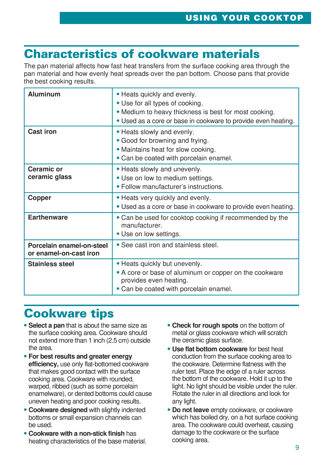 Whirlpool RC8600XB, GJ8646XD, GJ8640XB important safety instructions Characteristics of cookware materials, Cookware tips 