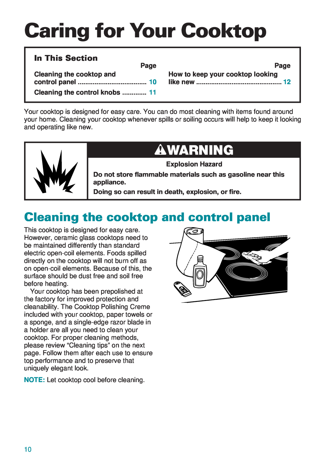 Whirlpool GJ8646XD, RC8600XB Caring for Your Cooktop, Cleaning the cooktop and control panel, wWARNING, In This Section 