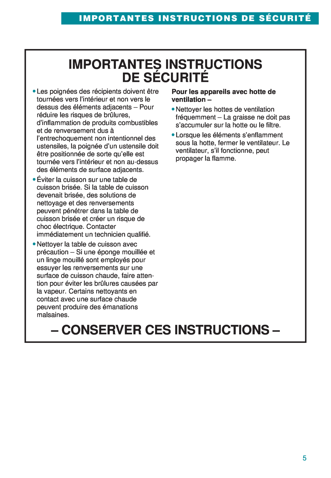 Whirlpool RC8600XB, GJ8646XD, GJ8640XB Importantes Instructions De Sécurité, Conserver Ces Instructions 