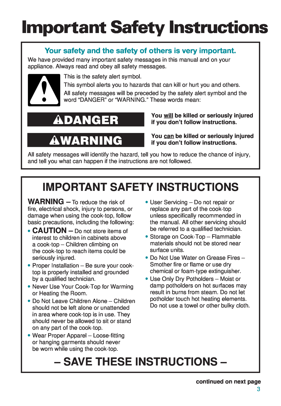 Whirlpool RC8600XB, GJ8646XD, GJ8640XB Important Safety Instructions, wDANGER wWARNING, Save These Instructions 