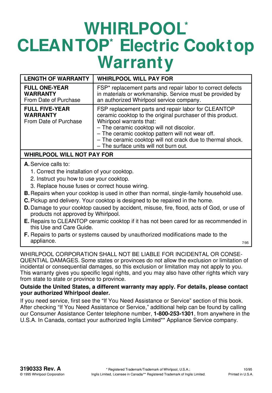 Whirlpool RC8600XD Length of Warranty Whirlpool will PAY for Full ONE-YEAR, Full FIVE-YEAR, Whirlpool will not PAY for 