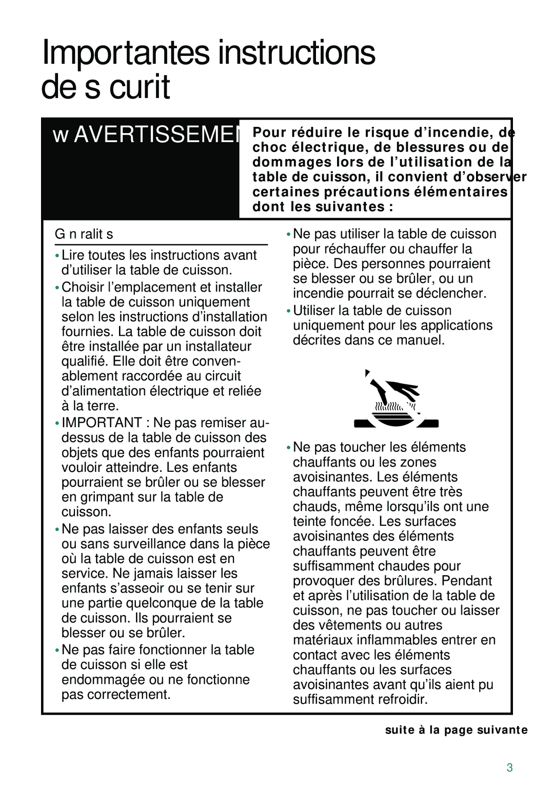 Whirlpool WBC441, RC8600XD, WBC430, RC8608XD, RC8640XB, IBC441 Importantes instructions de sécurité, Suite à la page suivante 