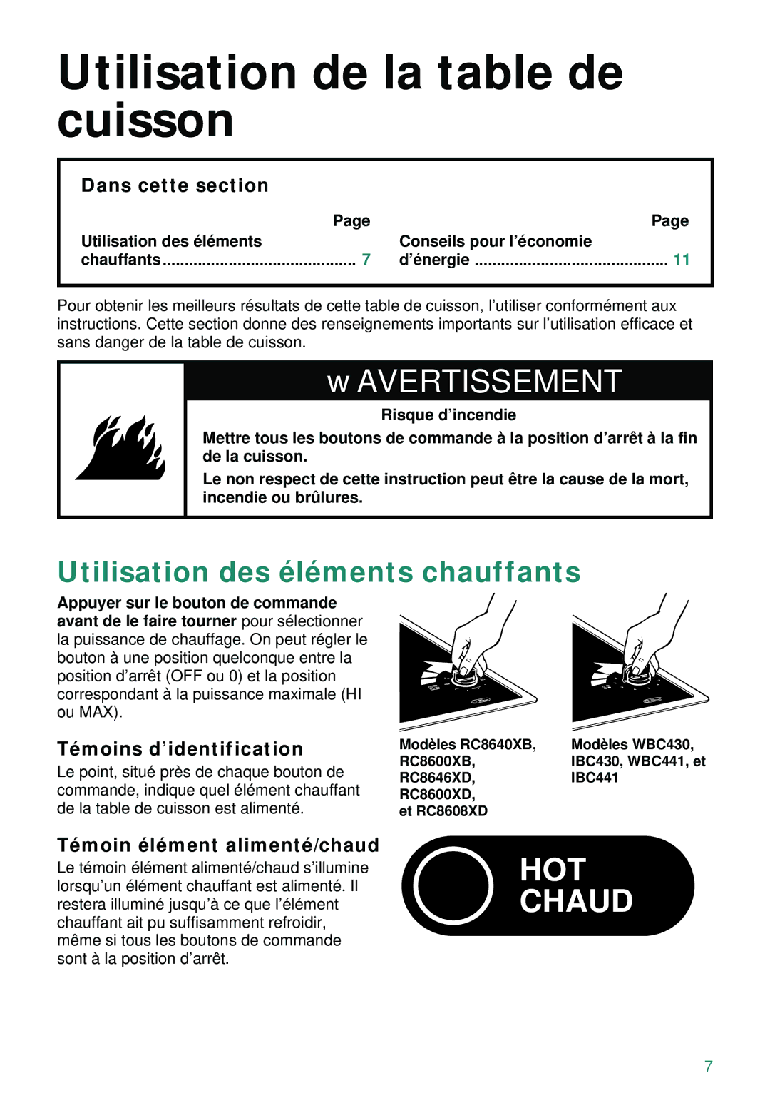 Whirlpool IBC430, RC8600XD Utilisation de la table de cuisson, Utilisation des éléments chauffants, Dans cette section 