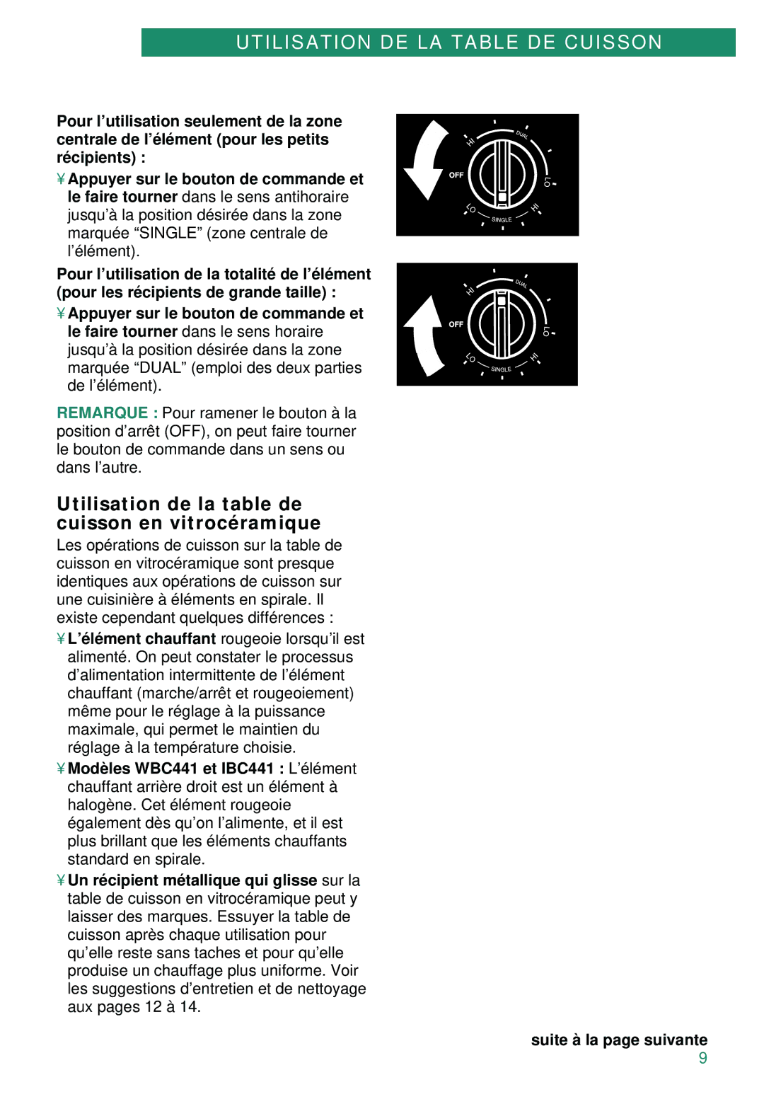 Whirlpool WBC430, RC8600XD, RC8608XD, WBC441 Utilisation de la table de cuisson en vitrocéramique, Suite à la page suivante 