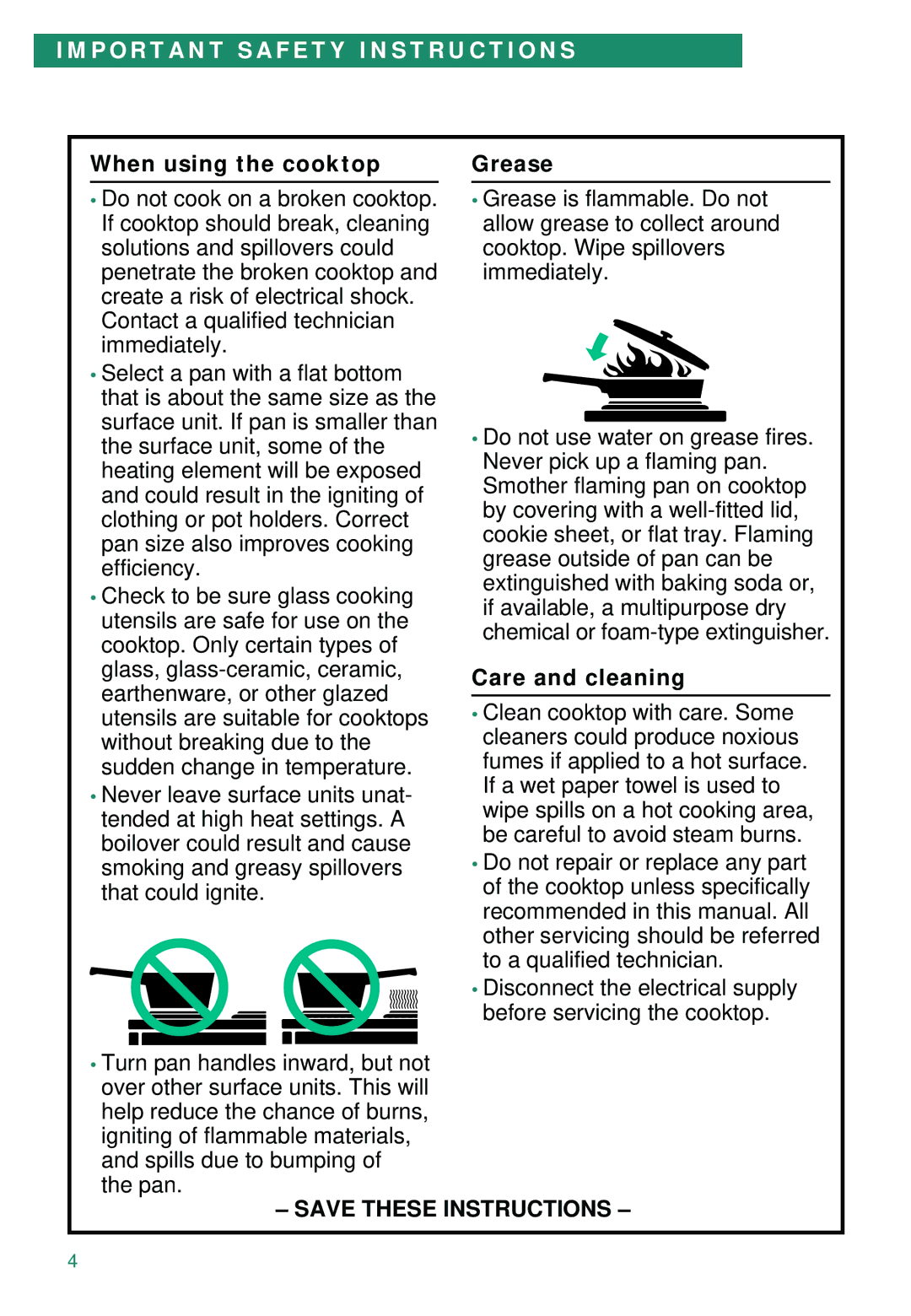 Whirlpool RC8640XB, RC8600XD, WBC430 Important Safety Instructions, When using the cooktop, Grease, Care and cleaning 