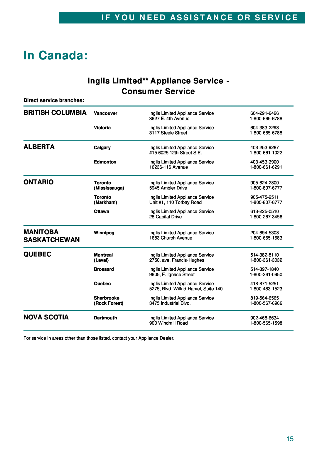 Whirlpool IBC430, WBC430 In Canada, Inglis Limited** Appliance Service Consumer Service, If You Need Assistance Or Service 