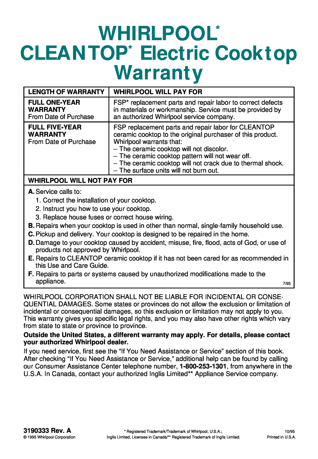 Whirlpool RC8600XD WHIRLPOOL CLEANTOP* Electric Cooktop Warranty, 7/95, Registered Trademark/Trademark of Whirlpool, U.S.A 