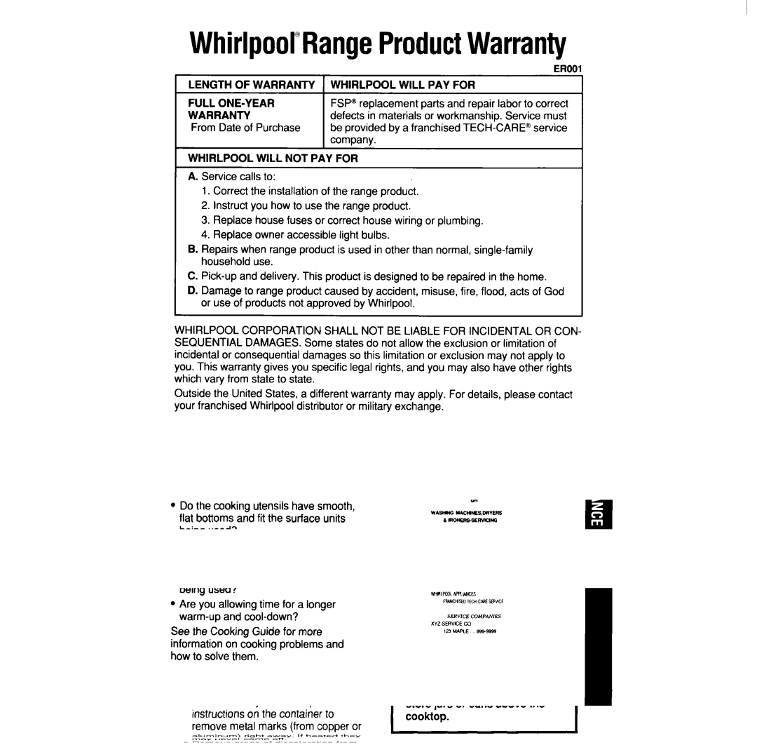 Whirlpool RC8600xv manual WhirlpoolRangeProductWarranty, Service must, From Date of Purchase, Company 