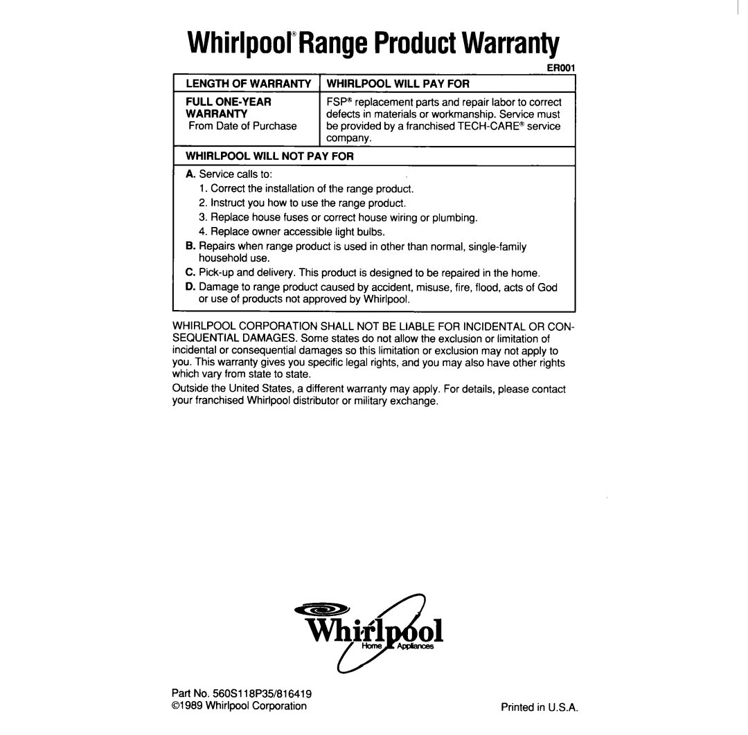 Whirlpool RC8600xv manual Whirlpool”RangeProductWarranty 