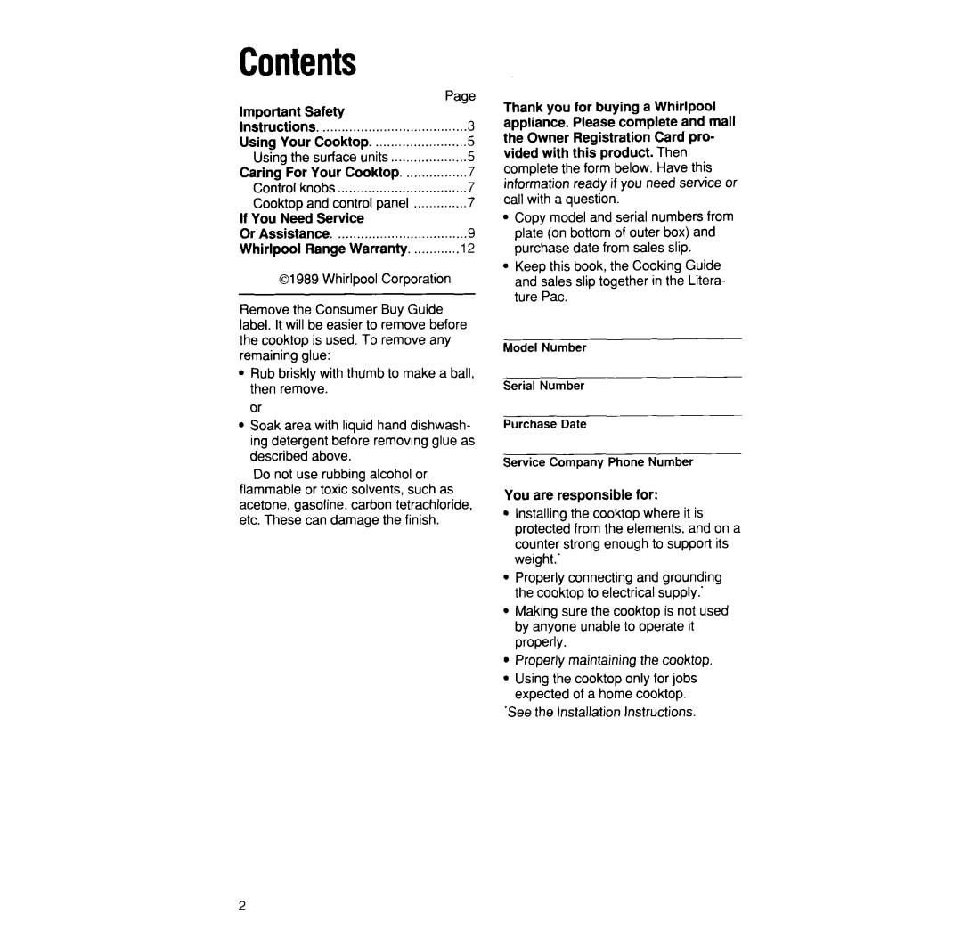 Whirlpool RC8600xv manual Contents 