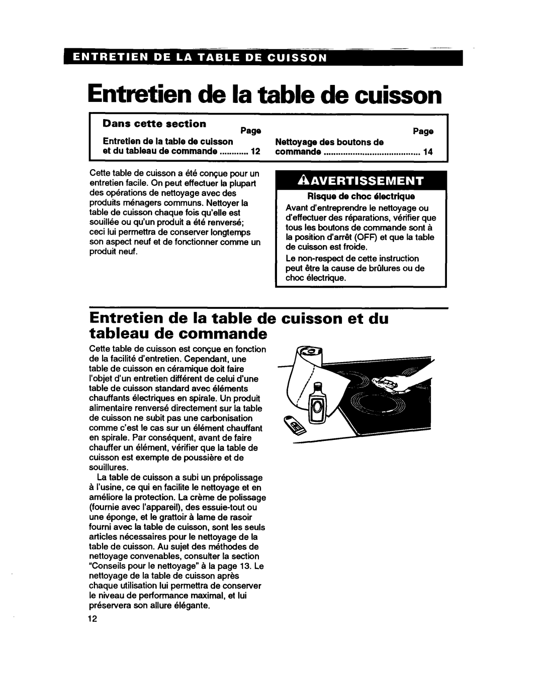 Whirlpool RC864OXB important safety instructions Entretien de la table de tableau de commande 