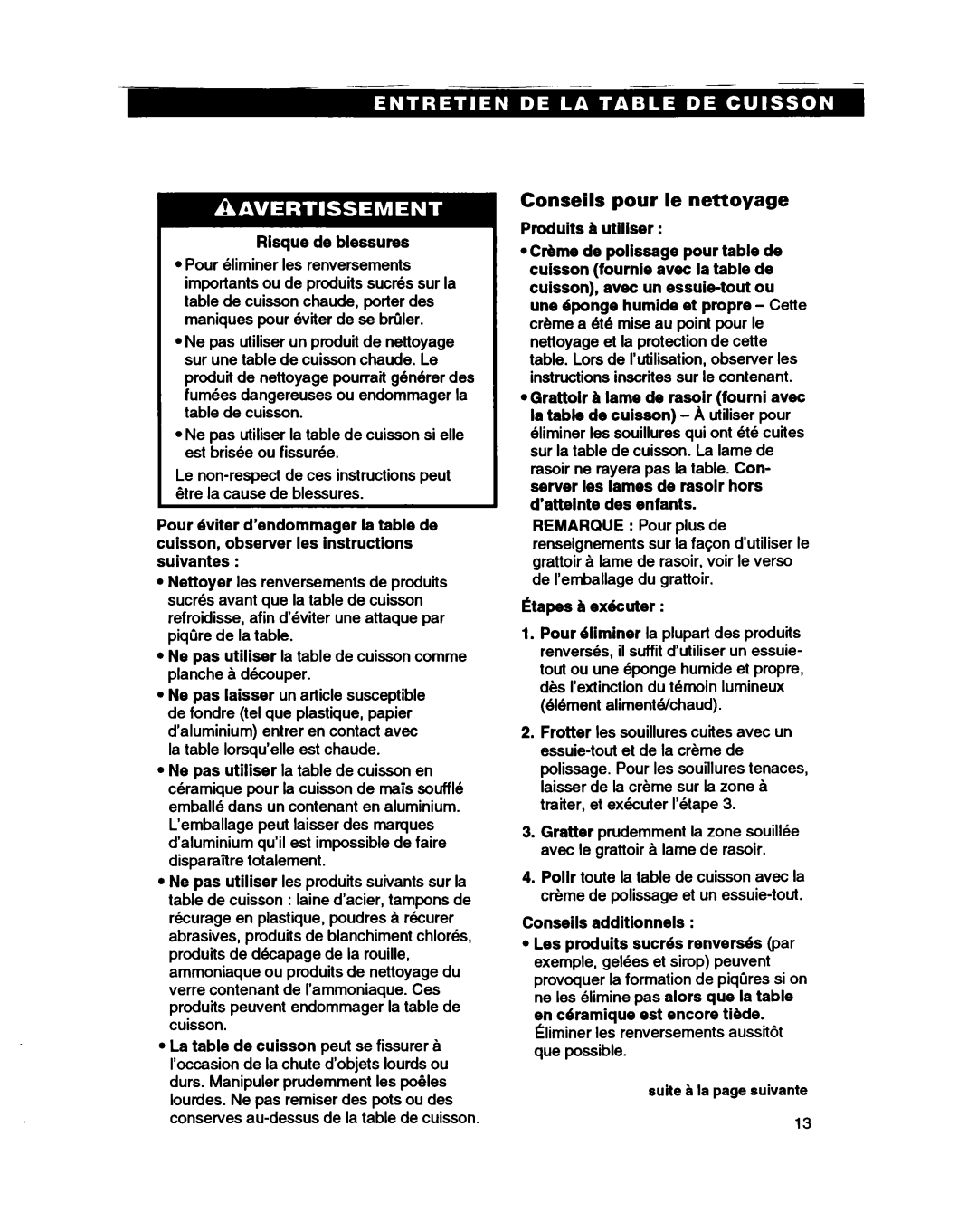 Whirlpool RC864OXB important safety instructions Conseils pour le nettoyage, Risque de blessures, LEtapes & executer 