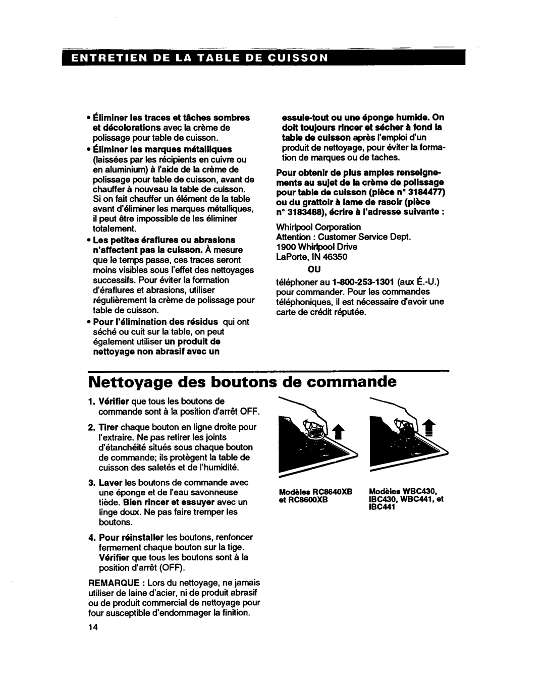 Whirlpool RC864OXB important safety instructions Nettoyage des boutons, De commande 