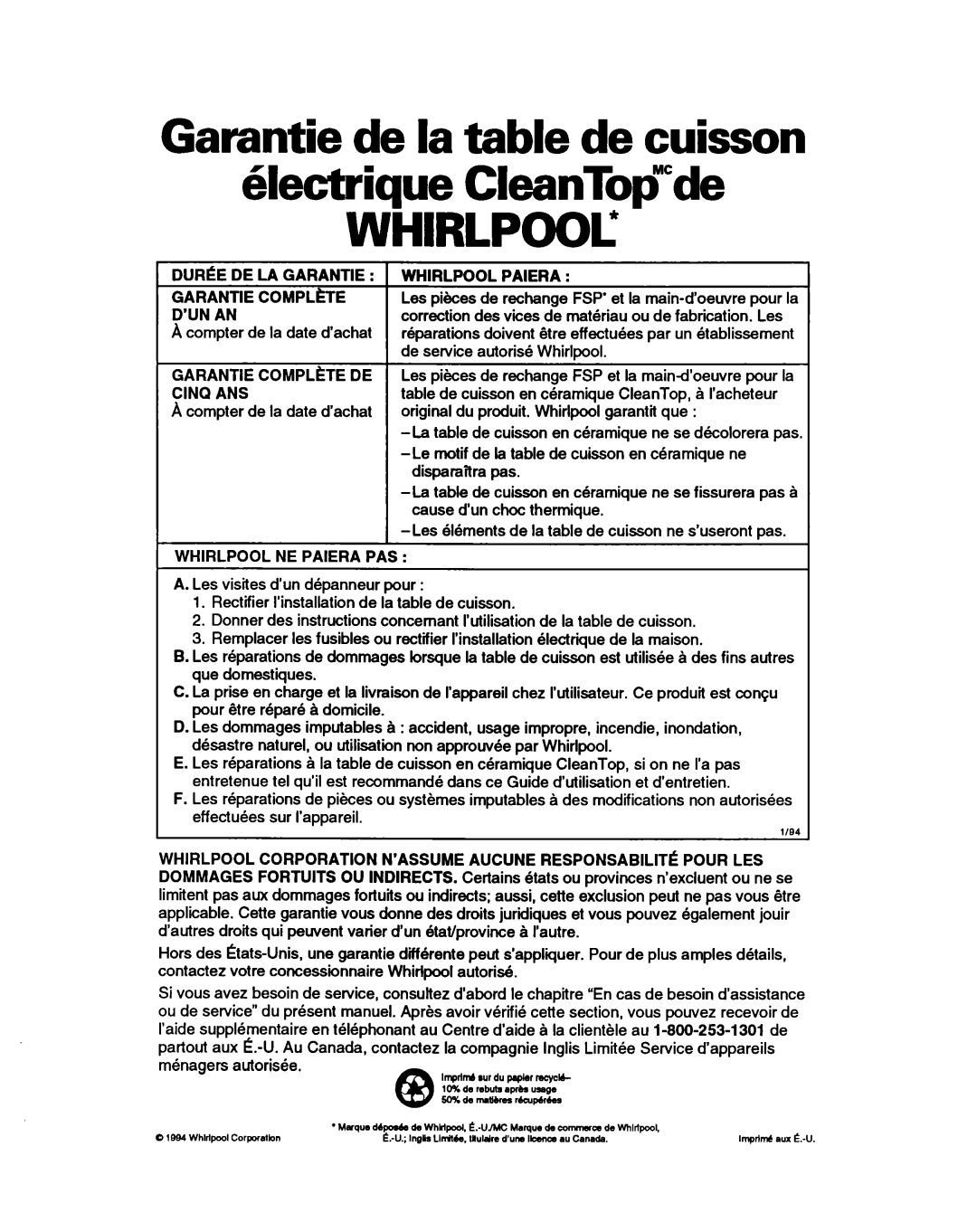 Whirlpool RC864OXB important safety instructions Garantie de la table de cuisson 6lectrique CleanTopde 