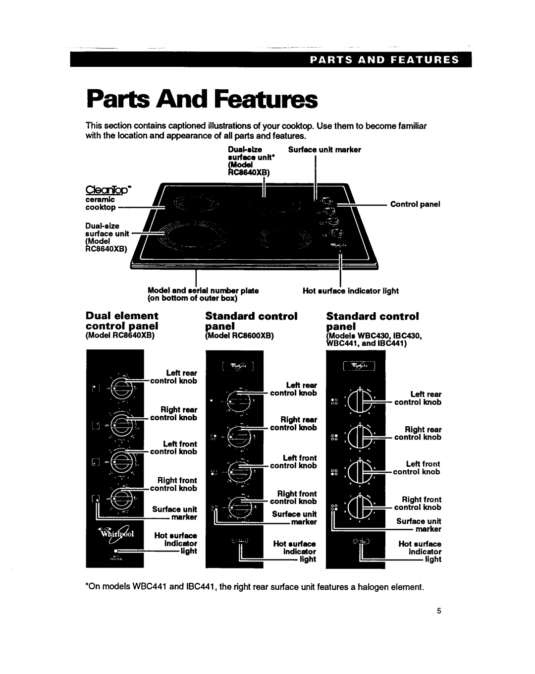 Whirlpool RC864OXB important safety instructions Parts And Features, Dual Element Standard Control, Panel, Hot surface 