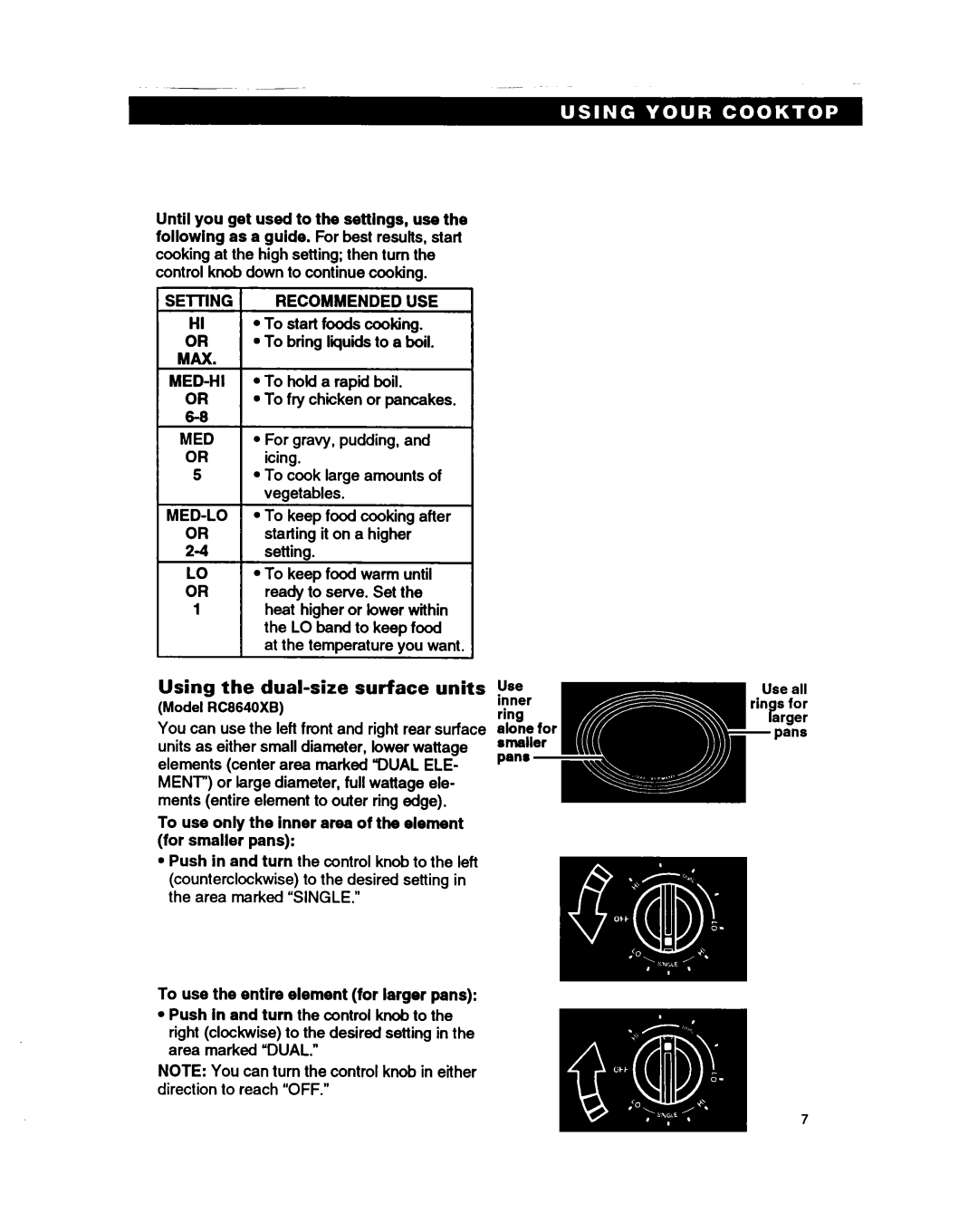 Whirlpool RC864OXB Using the dual-size surface units, Max, To use only the inner area of the element for smaller pans 