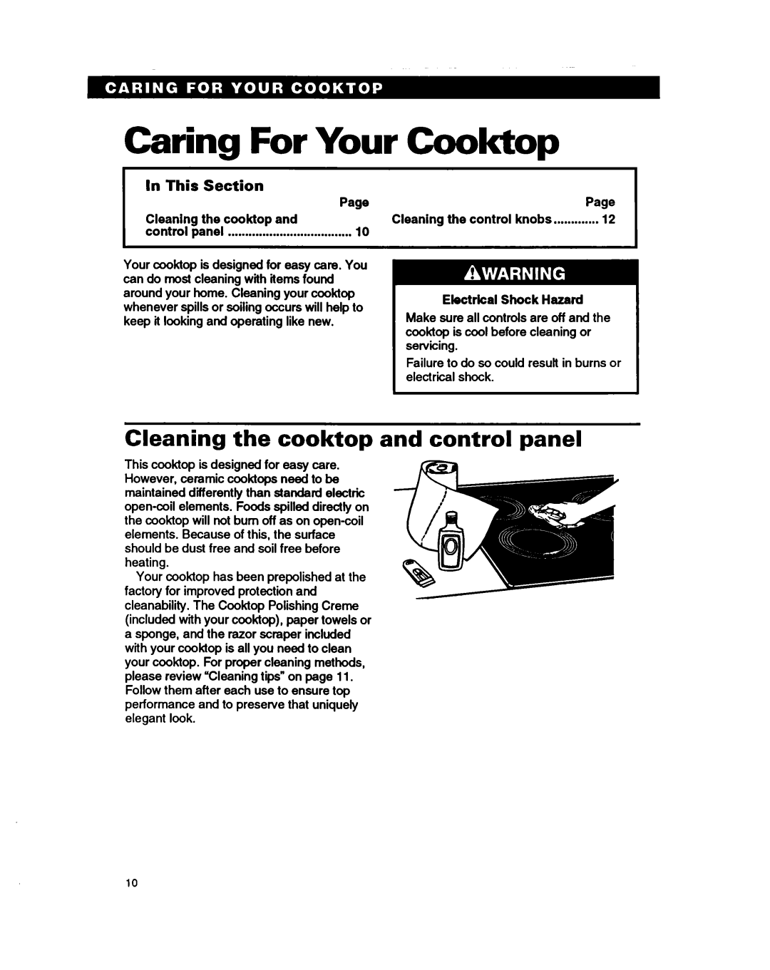 Whirlpool RC864OXB Caring For Your Cooktop, Cleaning the cooktop and control panel, Page Cleanlng the cooktop and 