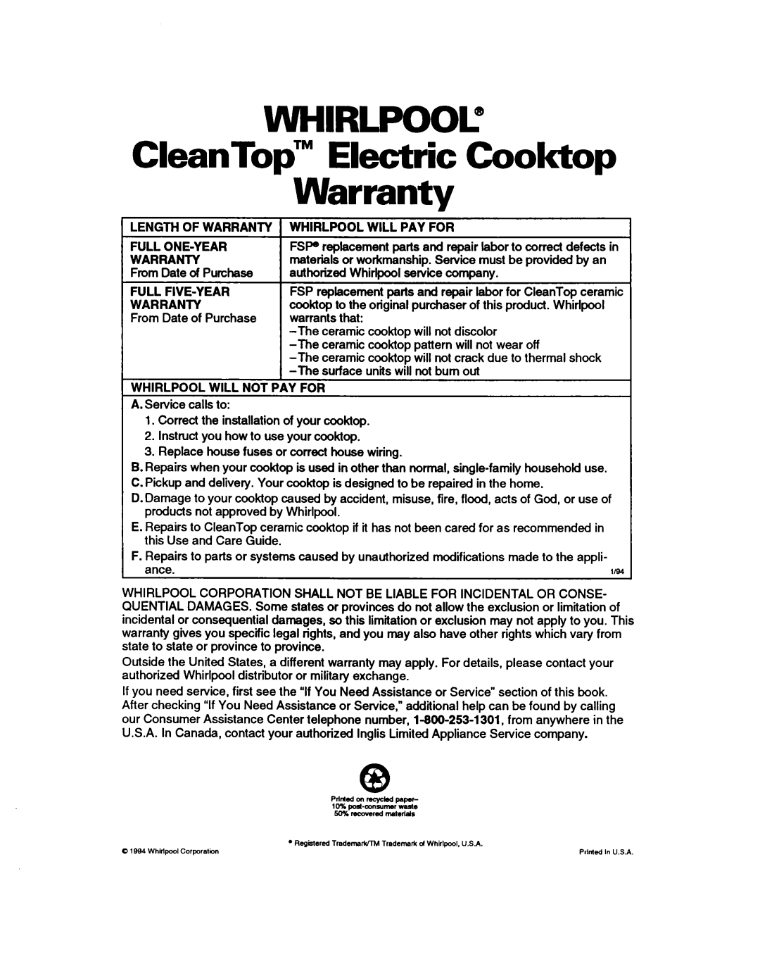Whirlpool RC864OXB WHIRLPOOL@’ CleanTop’” Electric Cooktop Warranty, Length Of Warranty Whirlpool Will Pay For 