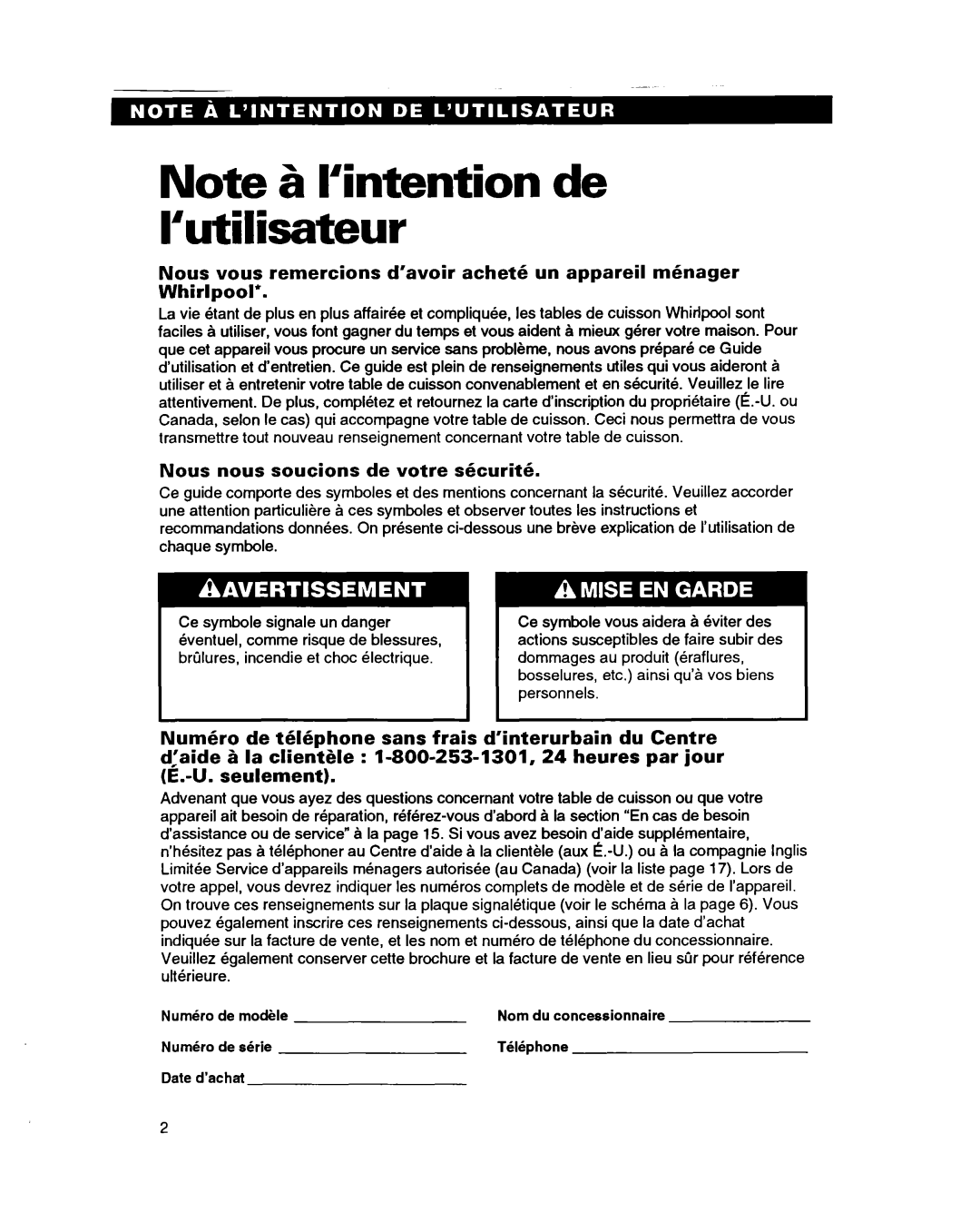 Whirlpool RC864OXB important safety instructions Note 6 l’intention de I’utilisateur 