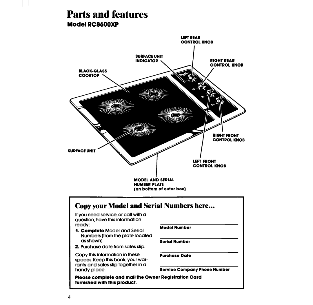 Whirlpool RC86OOXP manual Parts and features, Copy your Model and Serial Numbers here, Model RC8600XP 