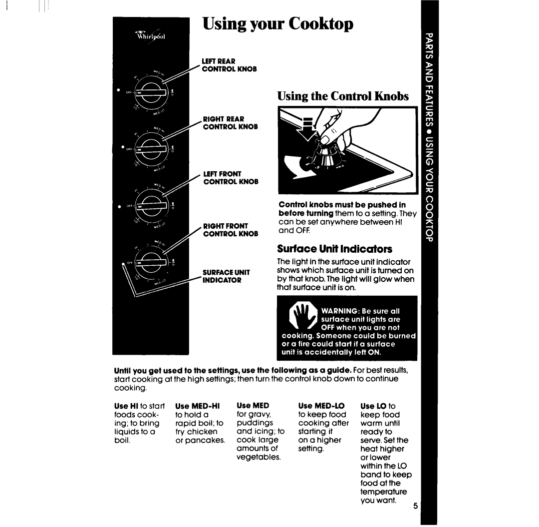 Whirlpool RC86OOXP manual Using the Control Knobs m, Surface Unit Indicators 