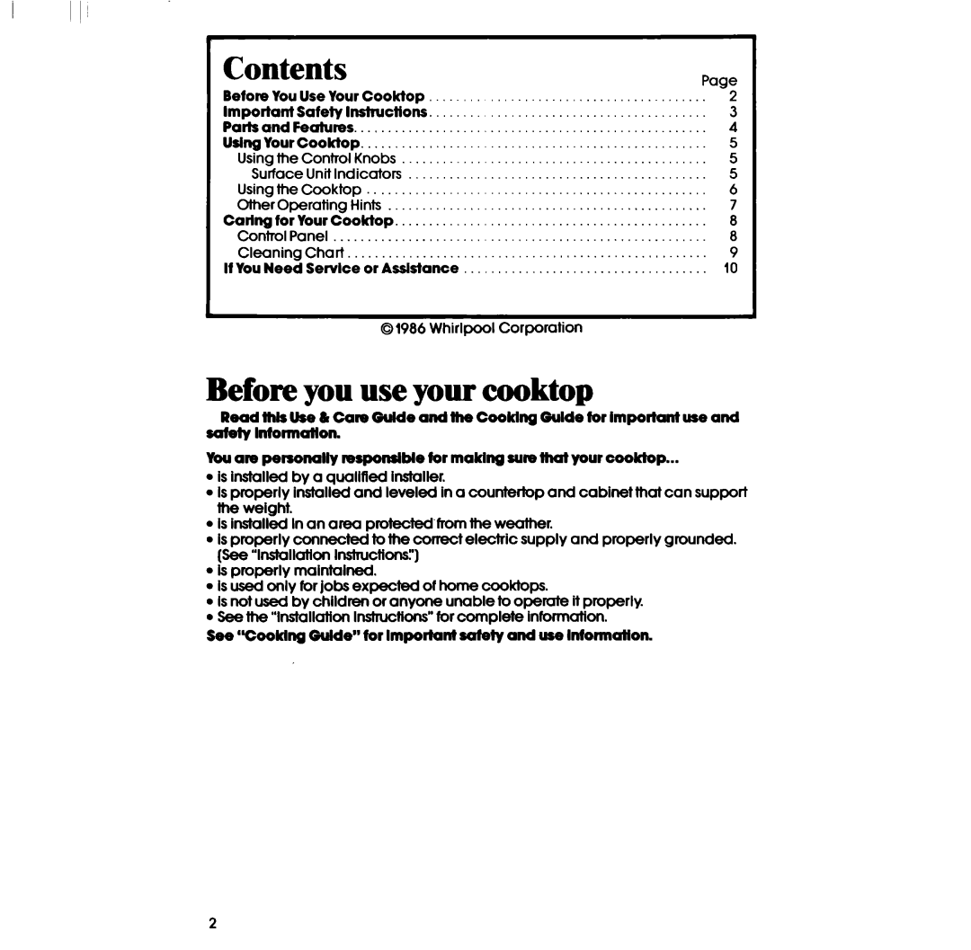 Whirlpool RC86OOXP manual Contents, Before you useyour cooktop 