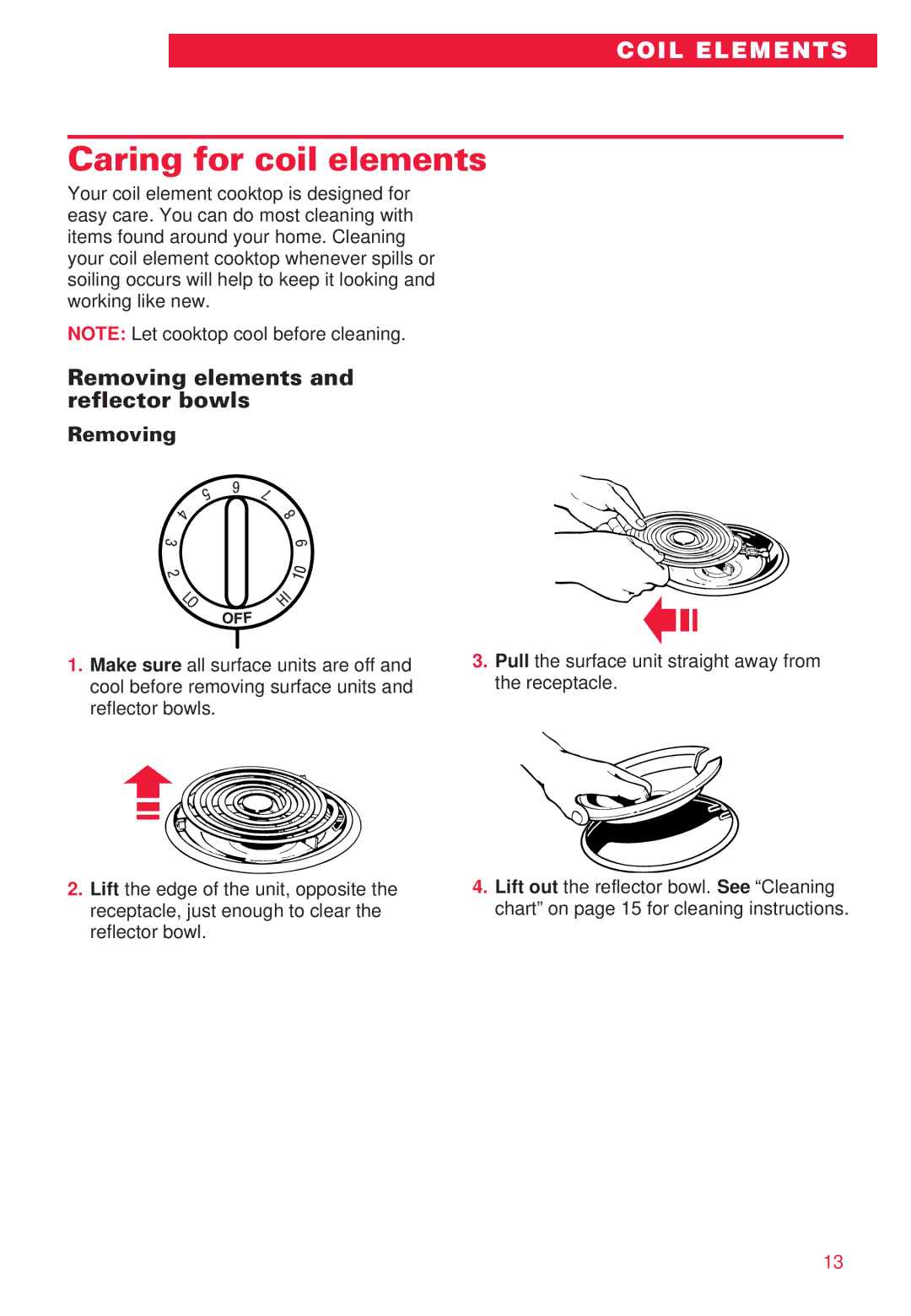 Whirlpool RC8700ED warranty Caring for coil elements, Removing elements and reflector bowls 