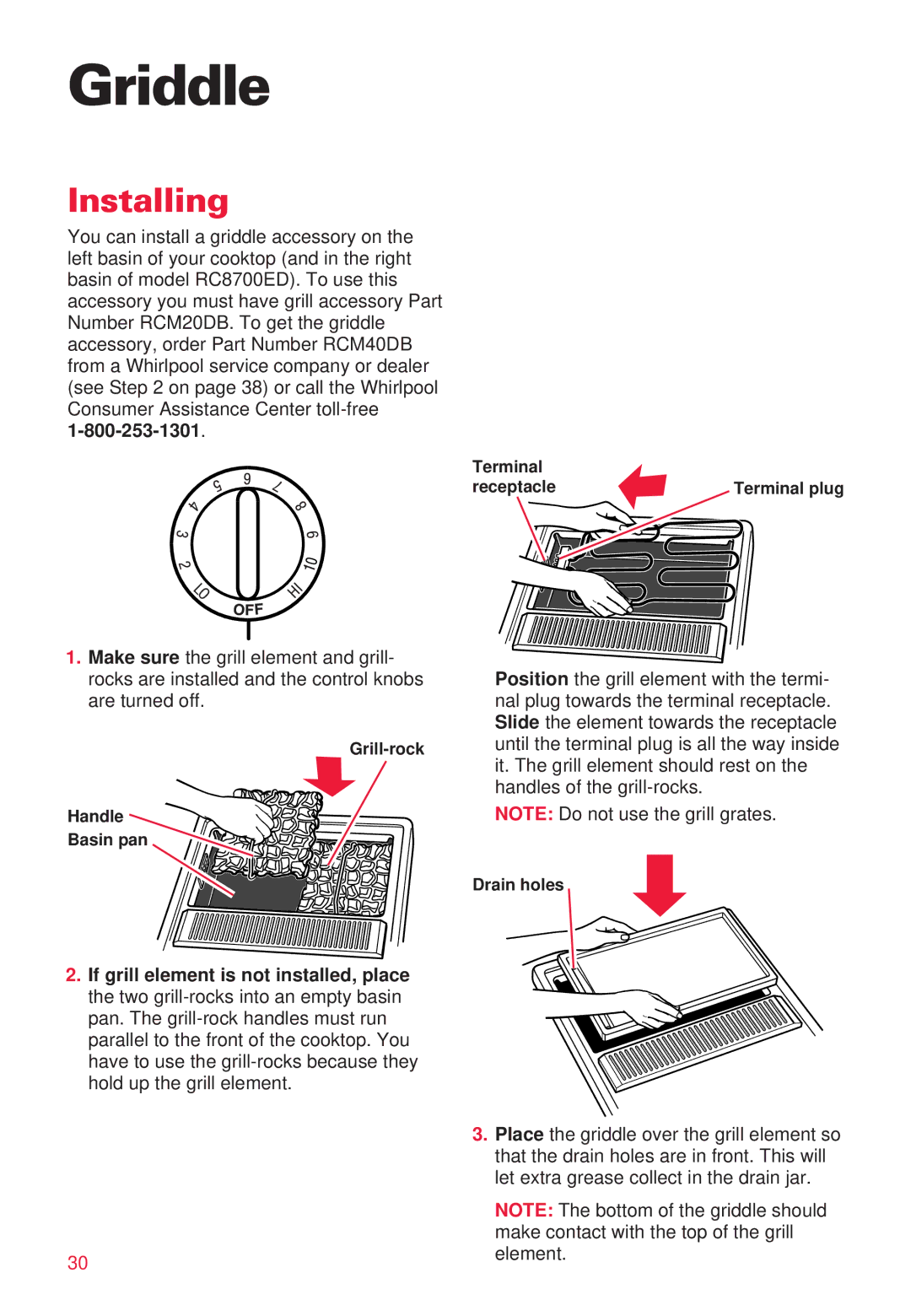 Whirlpool RC8700ED warranty Griddle, Installing 