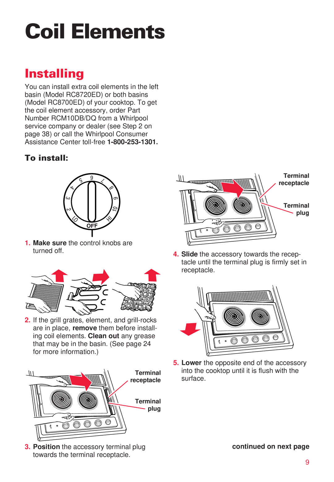 Whirlpool RC8700ED warranty Coil Elements, Installing, To install 