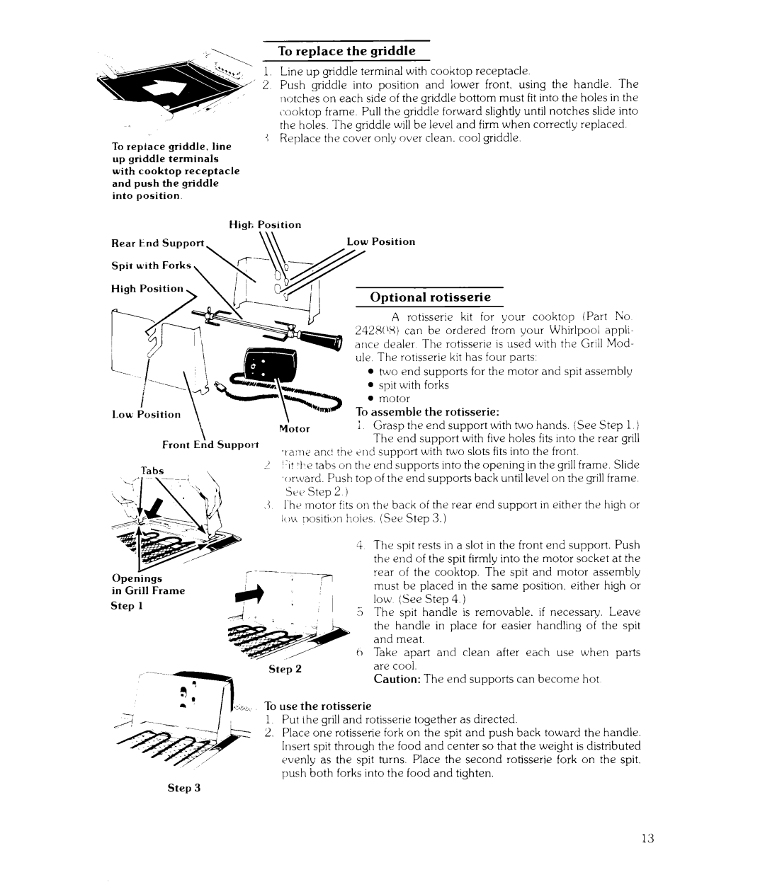 Whirlpool RC8300XKH, RC8800XKH manual Rear Cooktop. The spit and motor assembly, End supports can become hot 