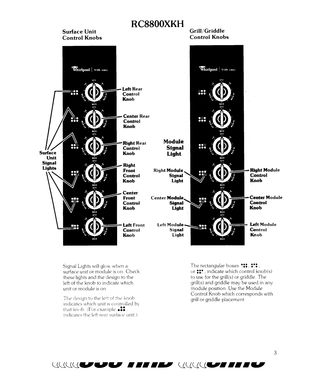 Whirlpool RC8300XKH, RC8800XKH manual Surface Unit Control Knobs, Grill/Griddle Control Knobs, Co&i#l 