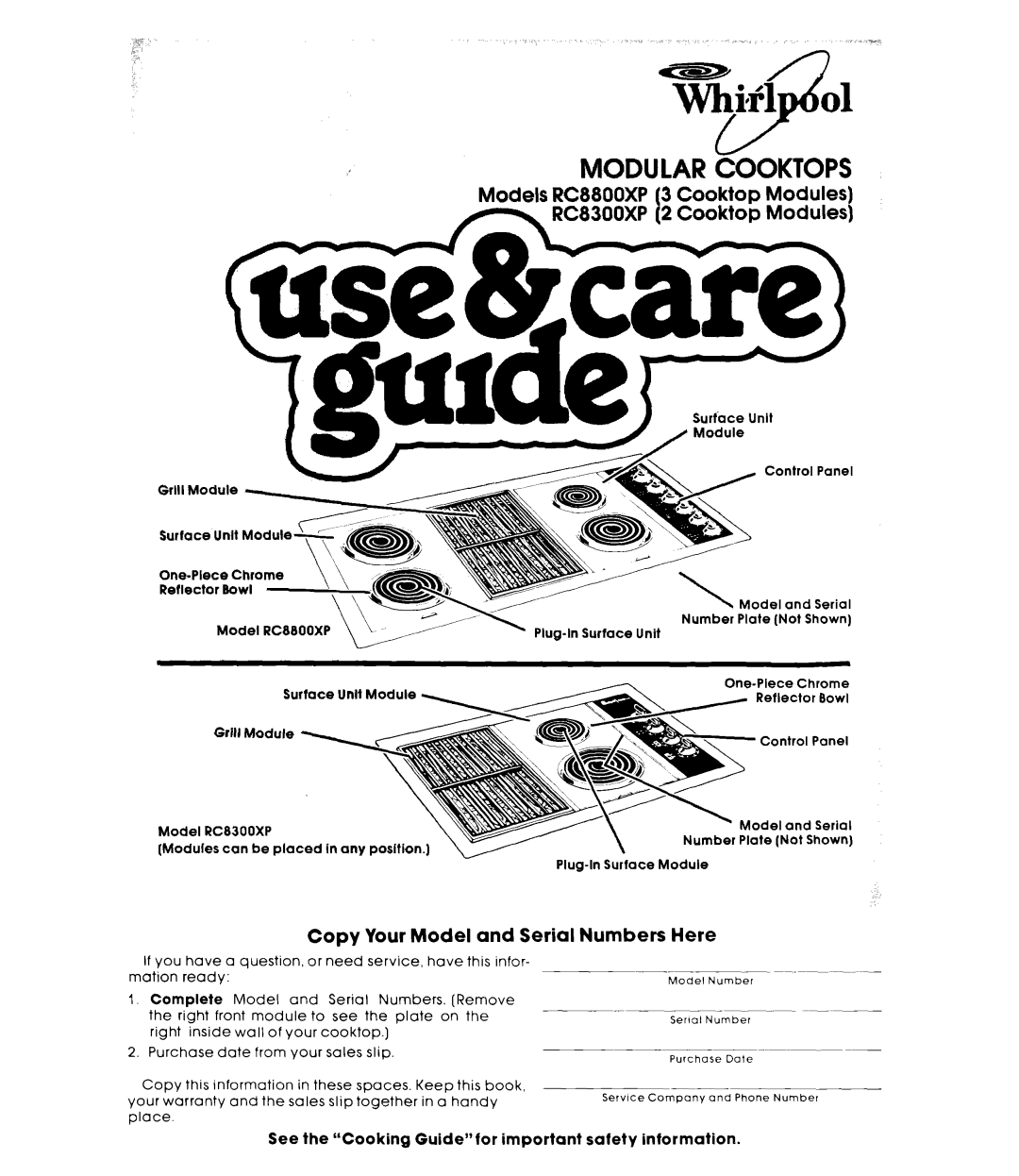 Whirlpool RC88OOXP warranty MO~LAR Cooktops, See the Cooking Guidefor important safety information 