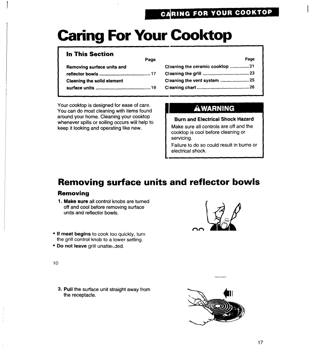 Whirlpool RC8920XA, RC8900XA important safety instructions Caring For Your Cooktop, Removing, Burn and Elect&al Shock Hazard 